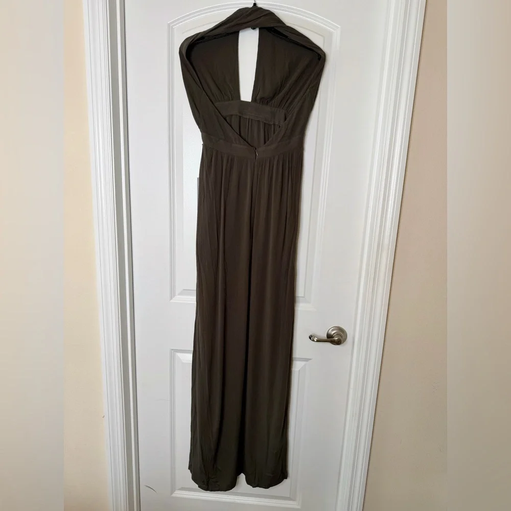 NWT Olive Green Halter Maxi Dress Open Back Pockets Side Slits Size L - Picture 3 of 12